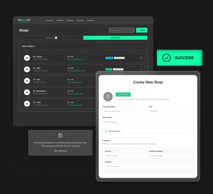 SCAYLE Commerce Engine user interface with an active shop list and a form creating a new shop, with a "Success" notification.