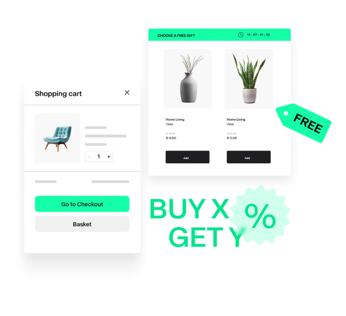 SCAYLE Commerce Engine Shopping cart interface with a chair, free gift offer, and a promotional tag reading "BUY X % GET Y."