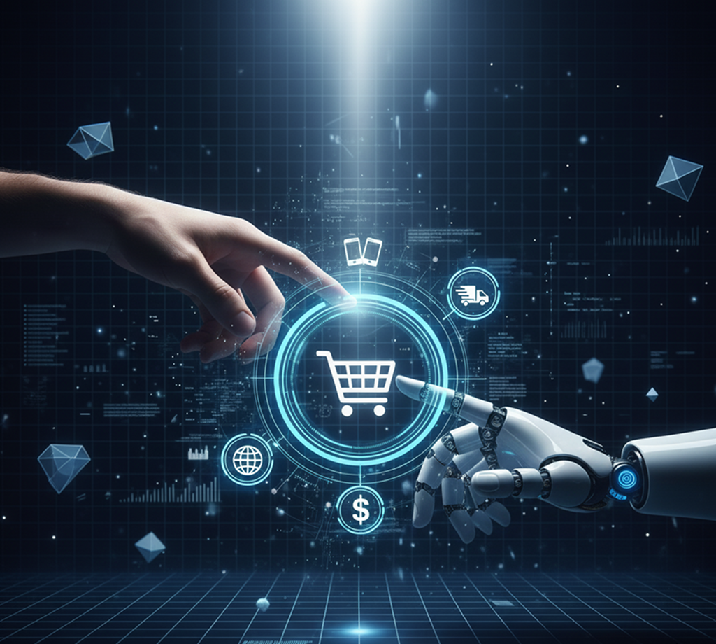 Human and robotic hand, pointing at a glowing shopping cart icon on a futuristic interface, signifying ecommerce development.