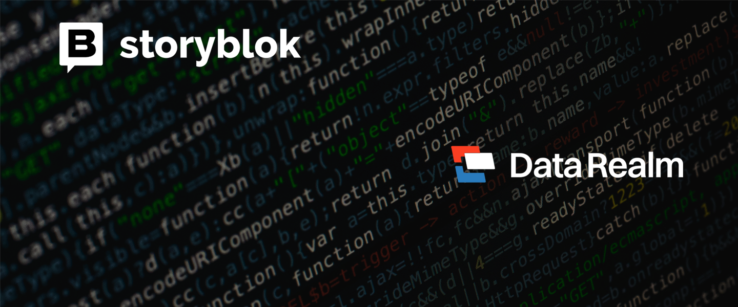 Code screen with "storyblok" and "DataRealm" logos overlayed. The background features colorful lines of programming code.