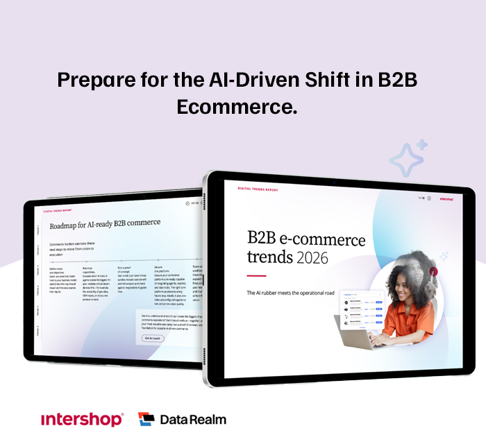 Two tablets display Intershops B2B ecommerce trends report for 2026, featuring articles and showing a woman using a laptop.