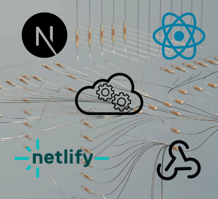 Logos of Next.js, React, Netlify, a cloud with gears, on a background of connected lines and nodes representing headless CMS.