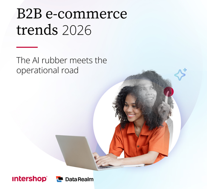 Woman on a laptop, with an overlay of her holding a magnifying glass, to showcase the "B2B ecommerce trends 2026" whitepaper.