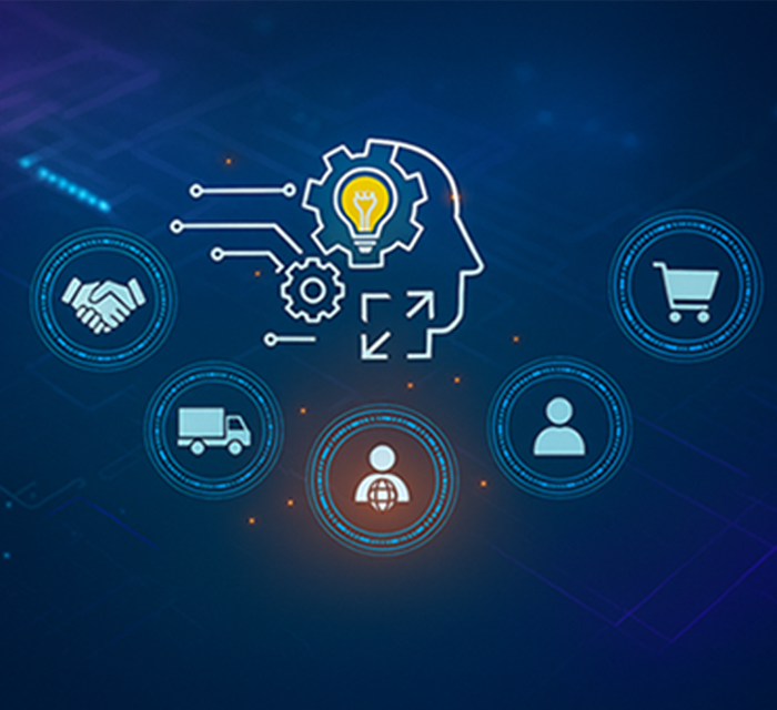 Circuit background with the outline of a head with ecommerce icons that represent expertise in digital consultation.